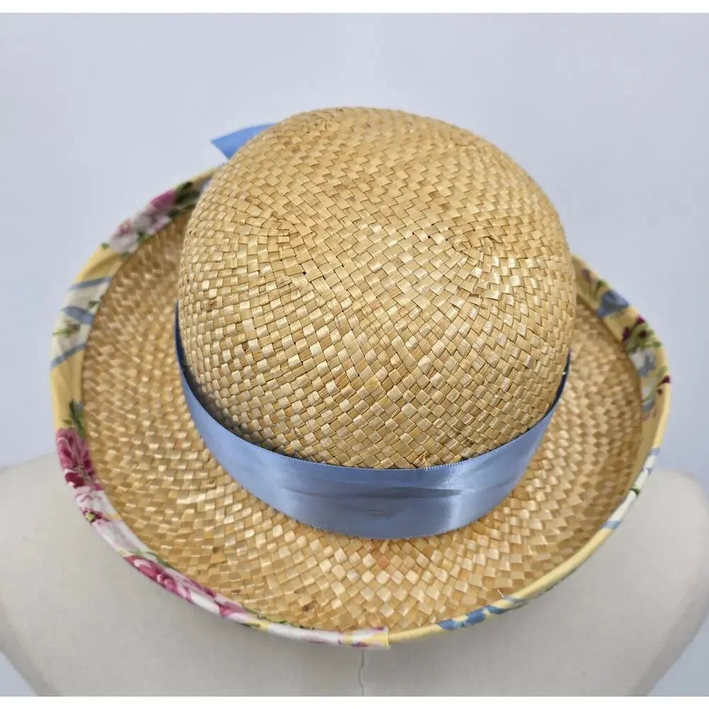 Vintage 90's Straw Hat with Floral Trim &‎ Ribbon